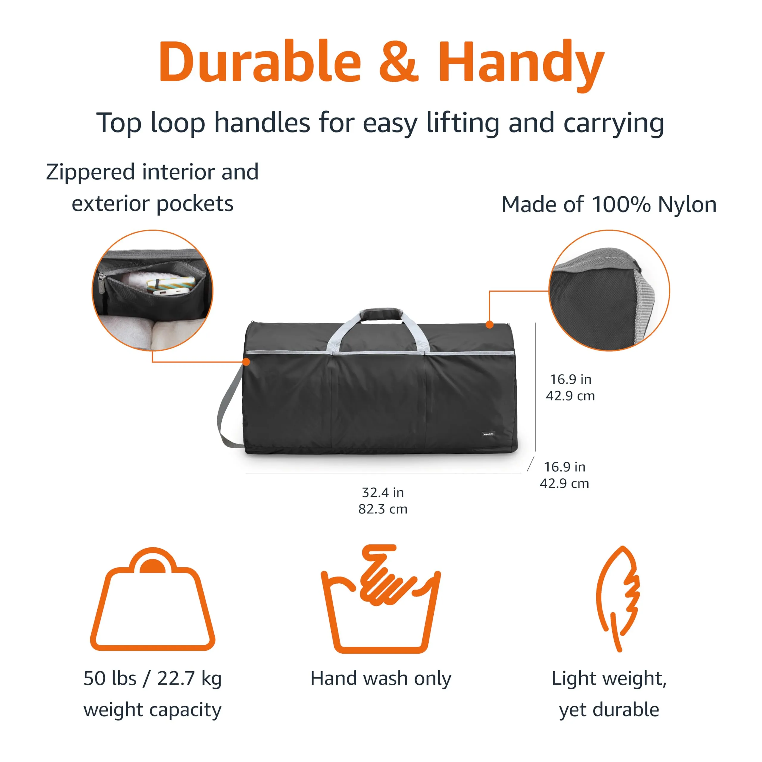 Amazon Basics Large Duffel Bag (100L) for Travel, Travel Bag, with Multiple Zippered Pockets, Lightweight yet Durable Nylon Material, 50-Pound Weight Capacity, Black, 32.5"L x 17"W x 11.5"H