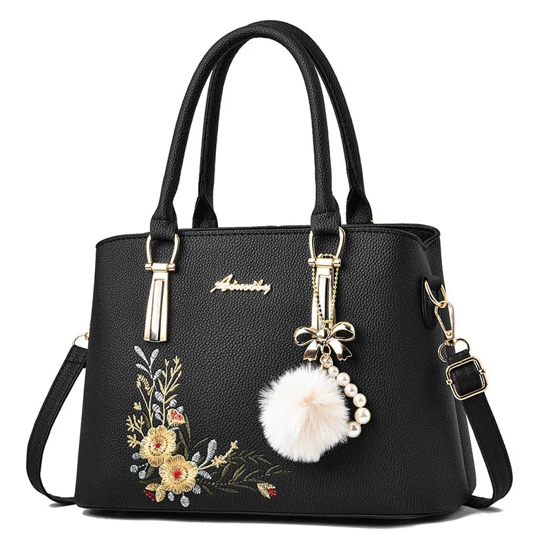 American Retro Trendy Fashion Embroidered Fur Ball Accessories One Shoulder Crossbody Handbag