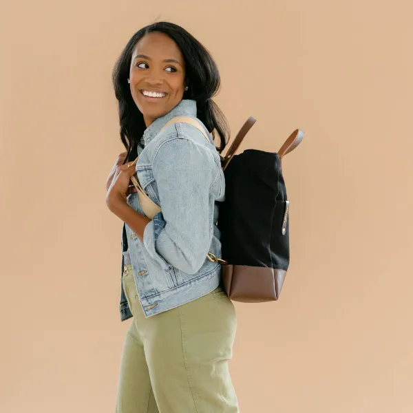 Baker Backpack | Signature Black Canvas   Brown Leather