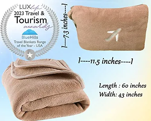 BlueHills 2-Pack Mini Premium Soft Plush Travel Blanket Pillow Airplane Essentials for Two in bag Flight Traveling Warm Portable Plane Blankets Compact Cozy Traveler Backpack Blankets Warm Beige - M26