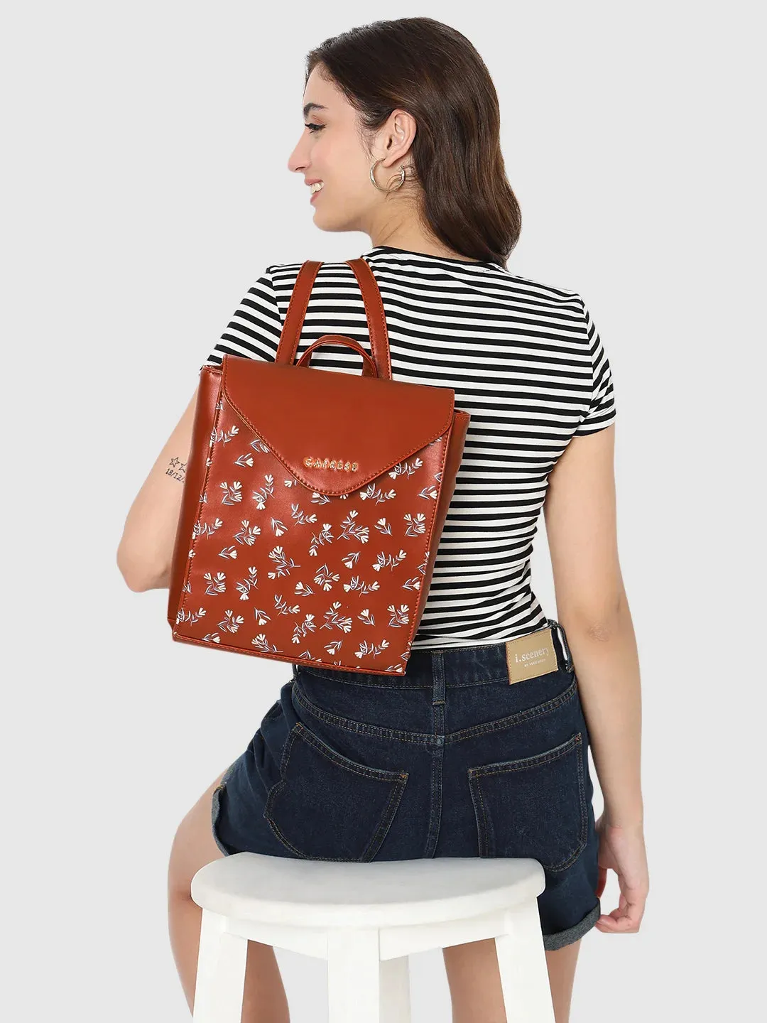 Caprese Merida Backpack Large Printed Women'S Bag Tan