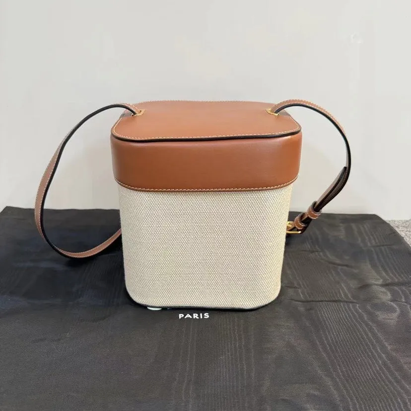 Celine Triomphe Canvas Tan Leather Small Bucket Bag