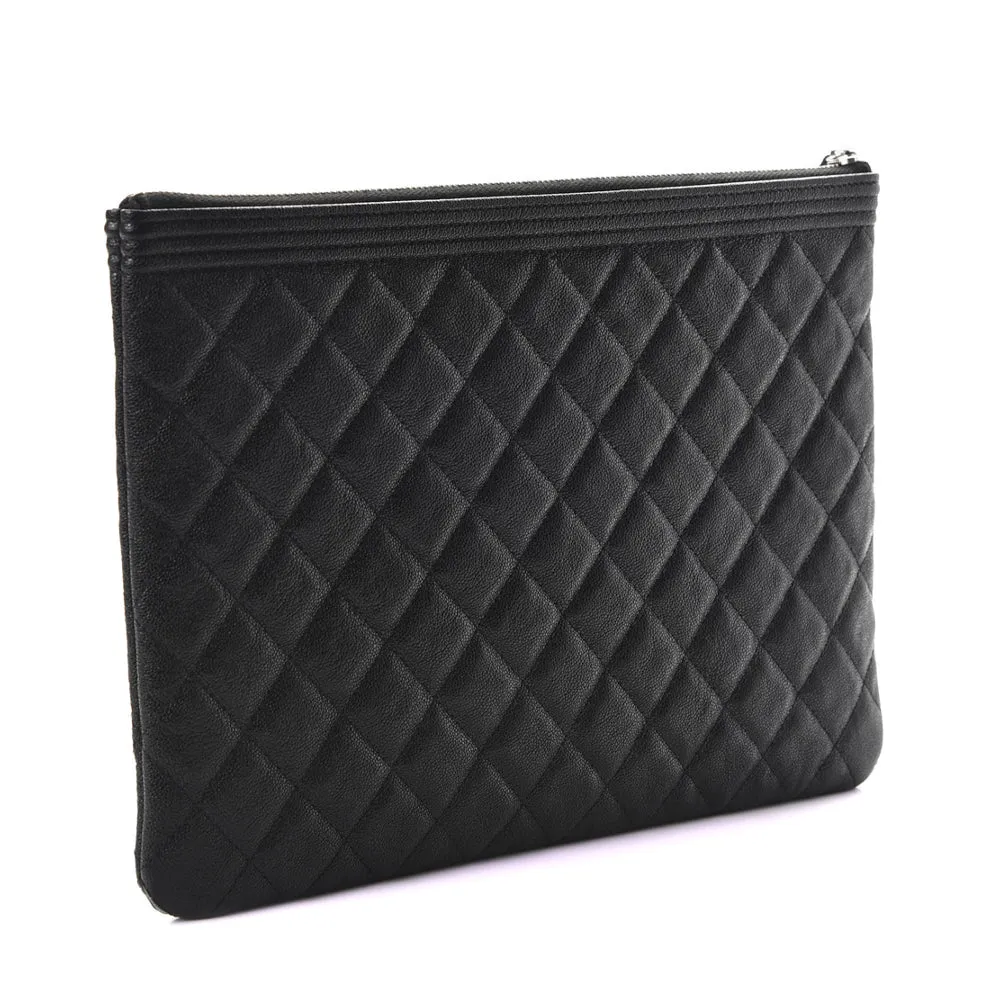 Chanel Black Quilted Caviar Leather Boy Zip Pouch Clutch Bag