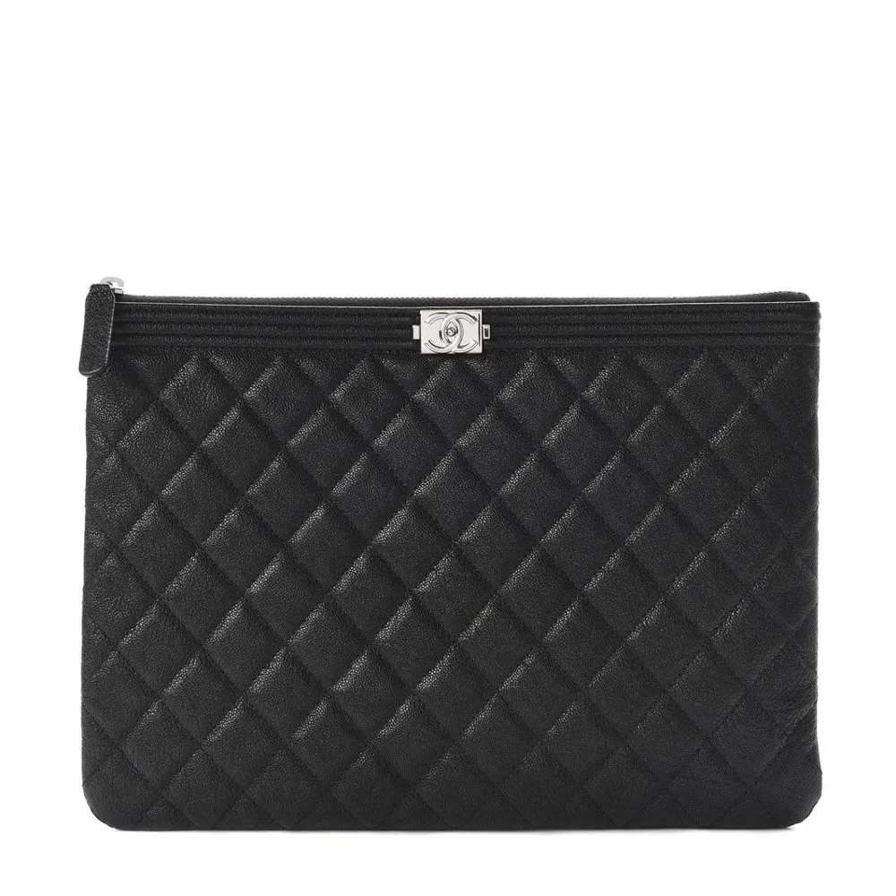 Chanel Black Quilted Caviar Leather Boy Zip Pouch Clutch Bag