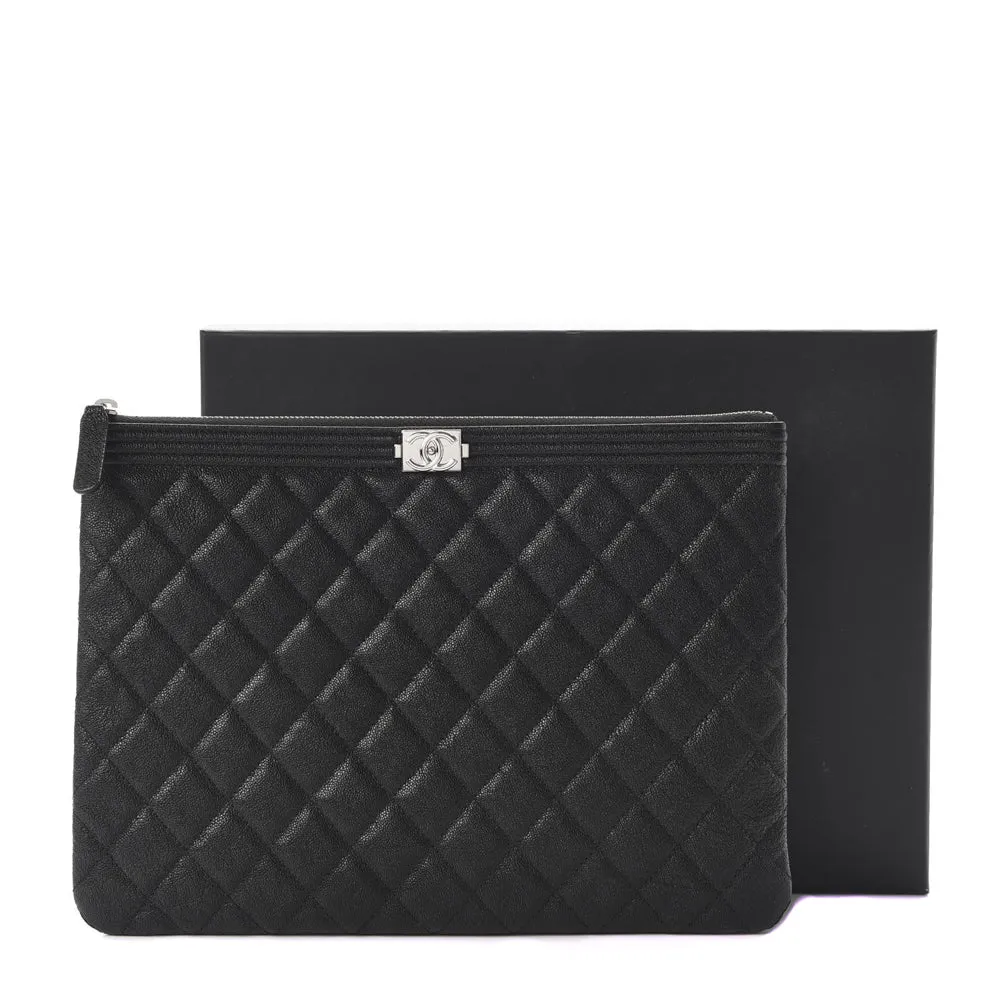 Chanel Black Quilted Caviar Leather Boy Zip Pouch Clutch Bag