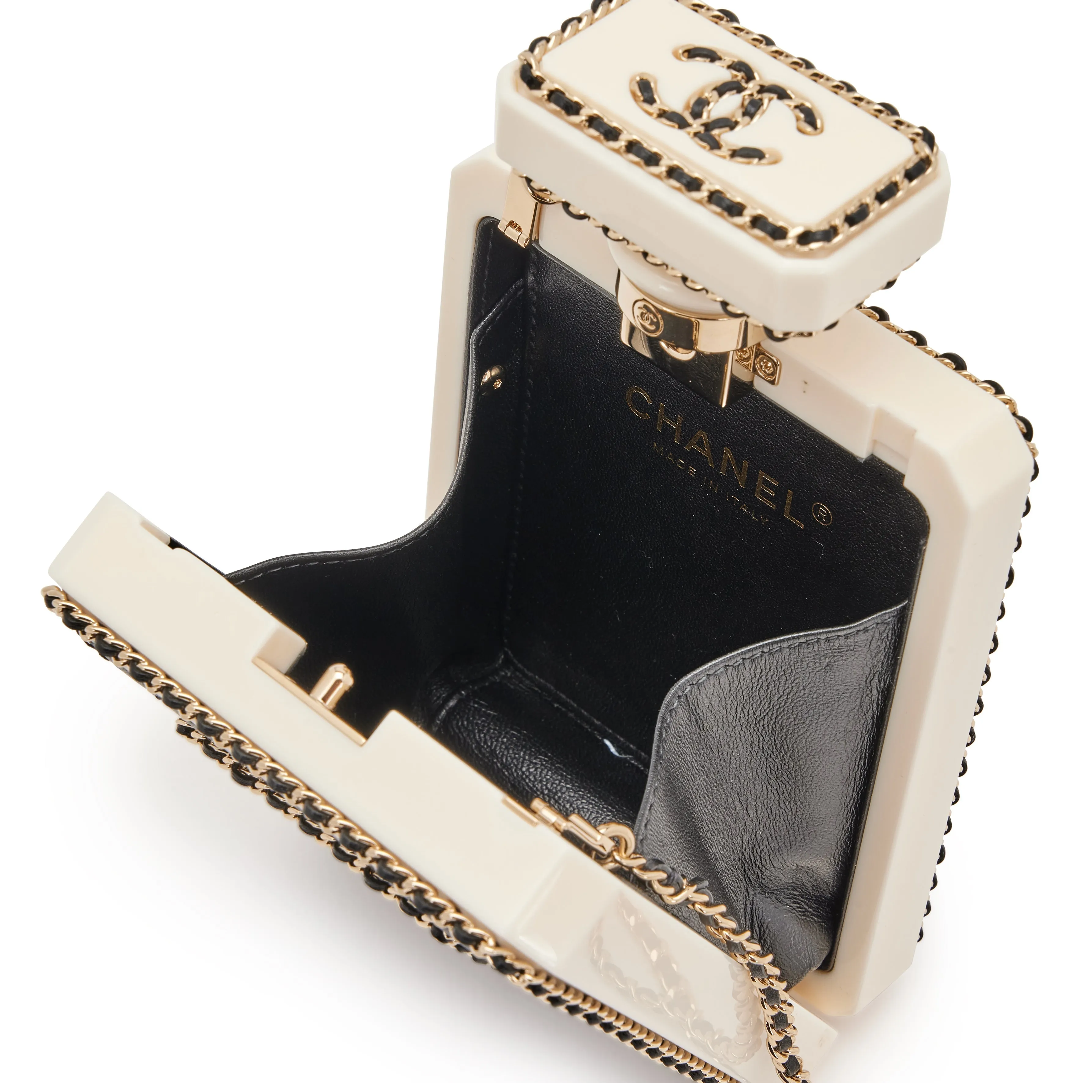 CHANEL Black Quilted Leather and White Perspex Perfume Bottle Minaudiere Gold Hardware