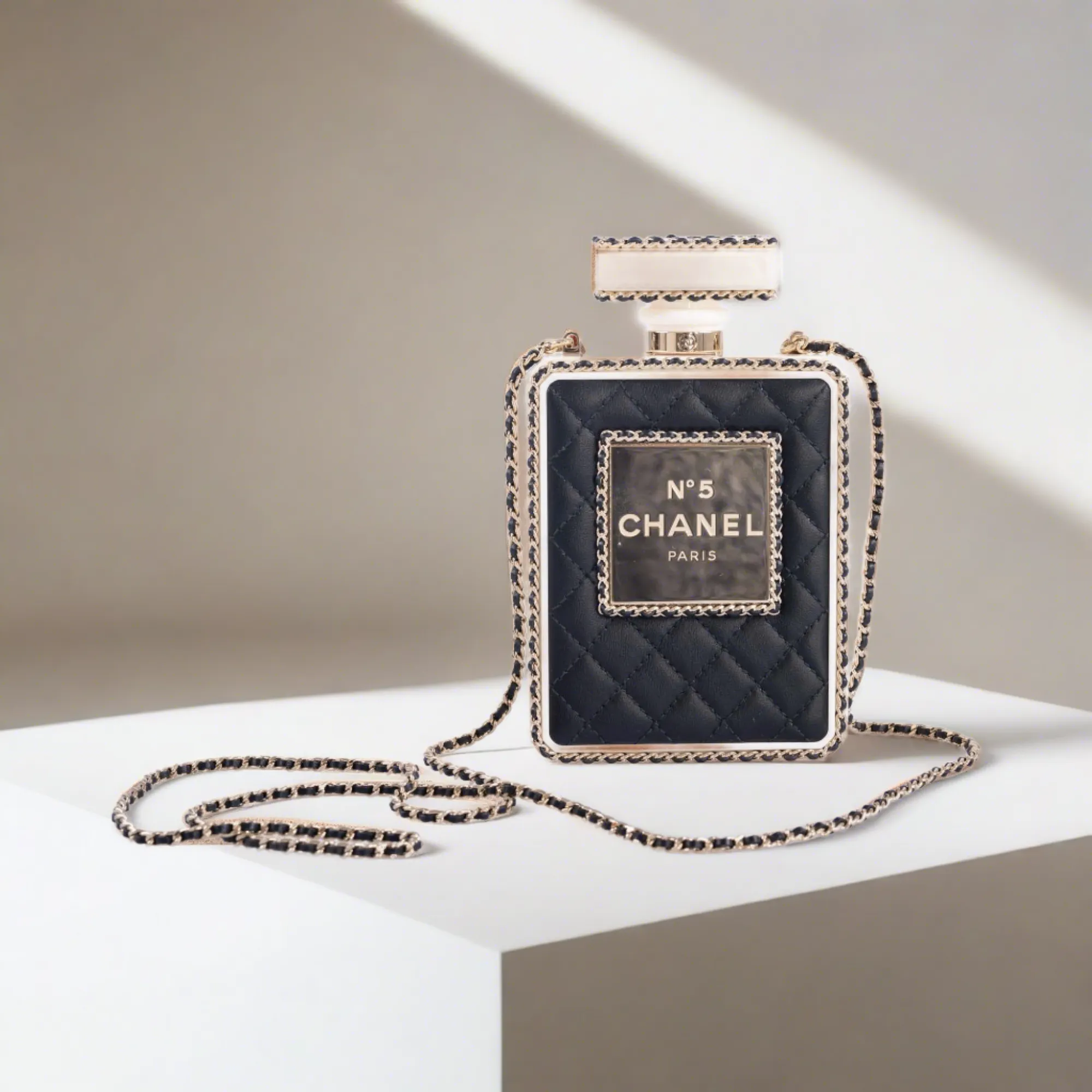 CHANEL Black Quilted Leather and White Perspex Perfume Bottle Minaudiere Gold Hardware