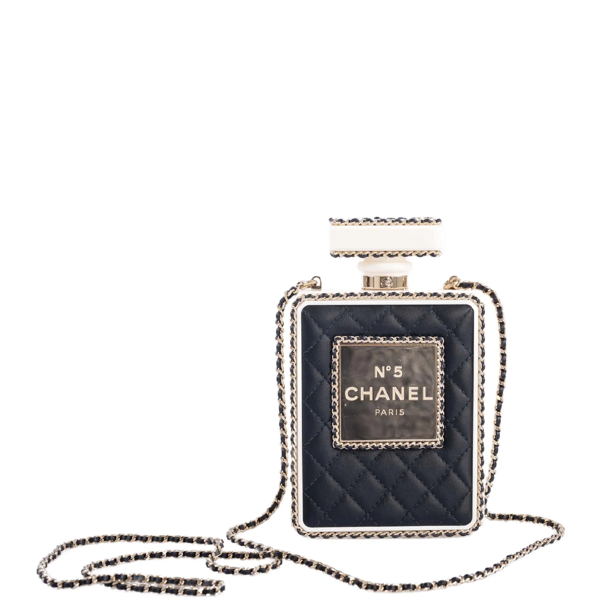 CHANEL Black Quilted Leather and White Perspex Perfume Bottle Minaudiere Gold Hardware