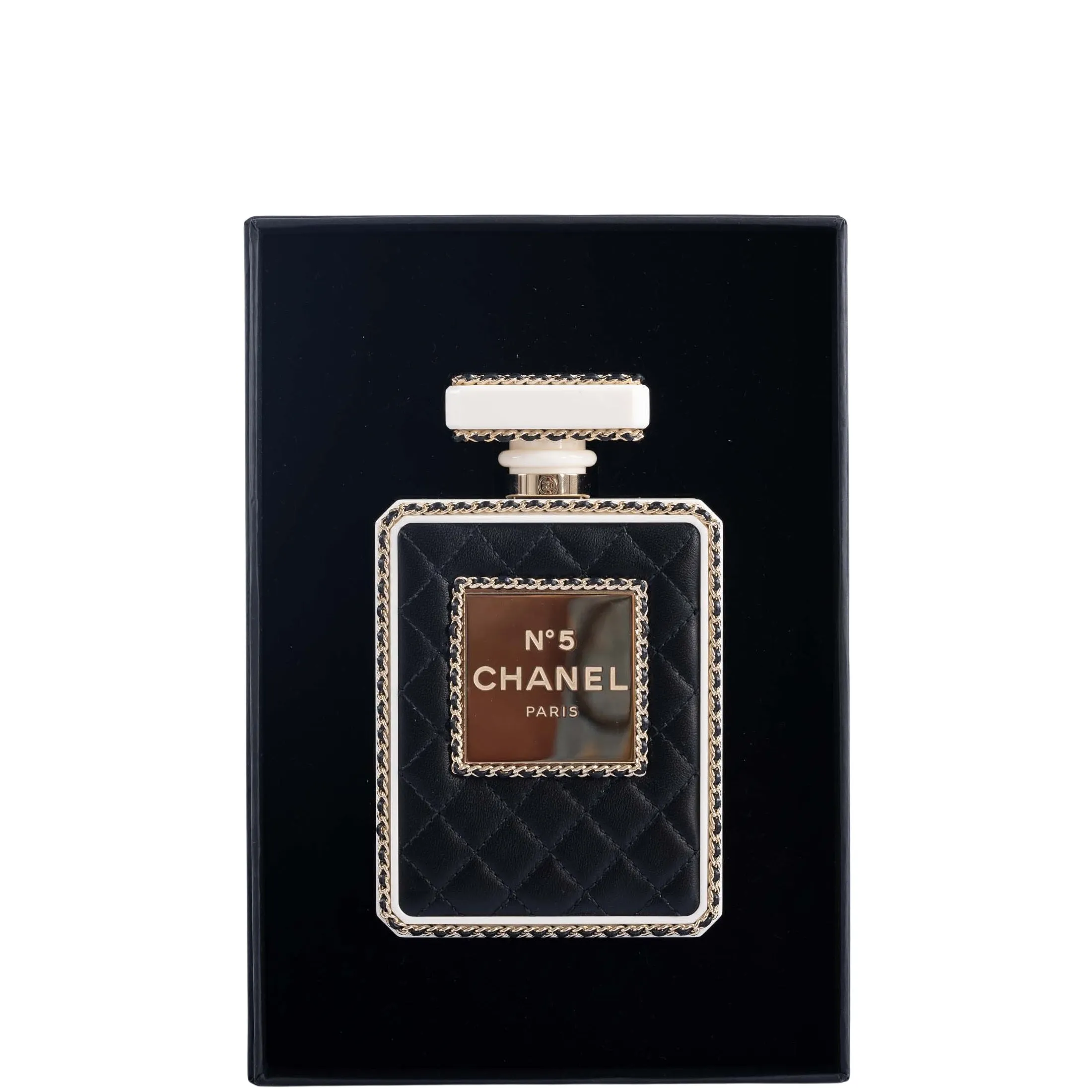 CHANEL Black Quilted Leather and White Perspex Perfume Bottle Minaudiere Gold Hardware