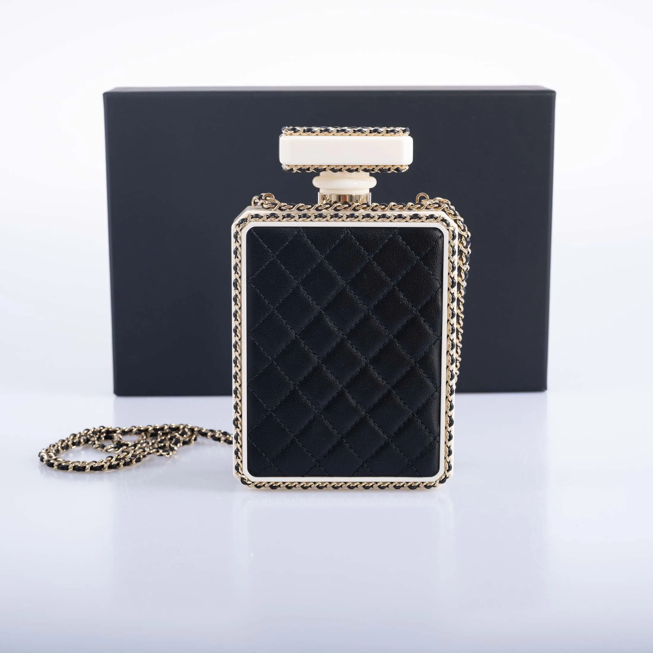 CHANEL Black Quilted Leather and White Perspex Perfume Bottle Minaudiere Gold Hardware