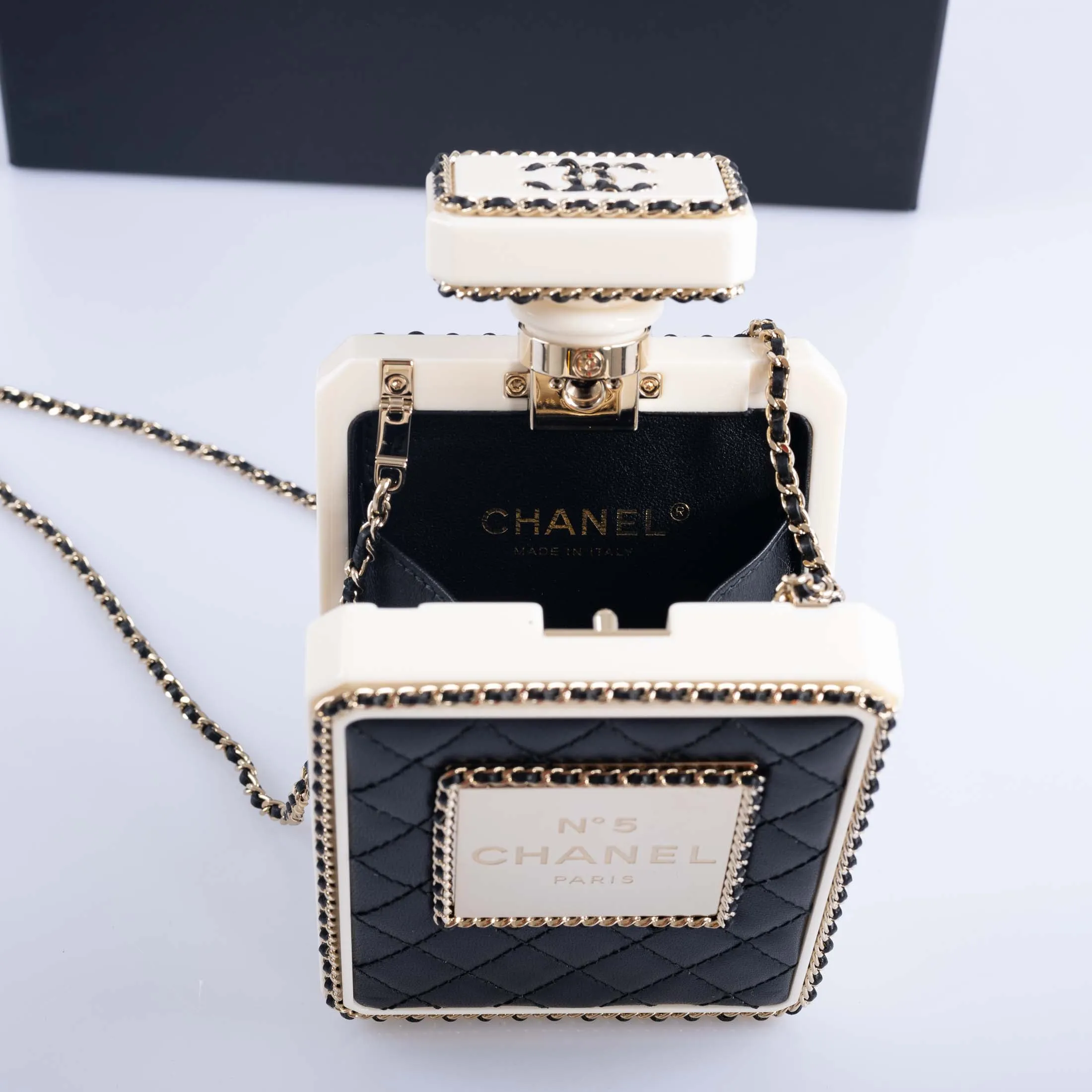 CHANEL Black Quilted Leather and White Perspex Perfume Bottle Minaudiere Gold Hardware