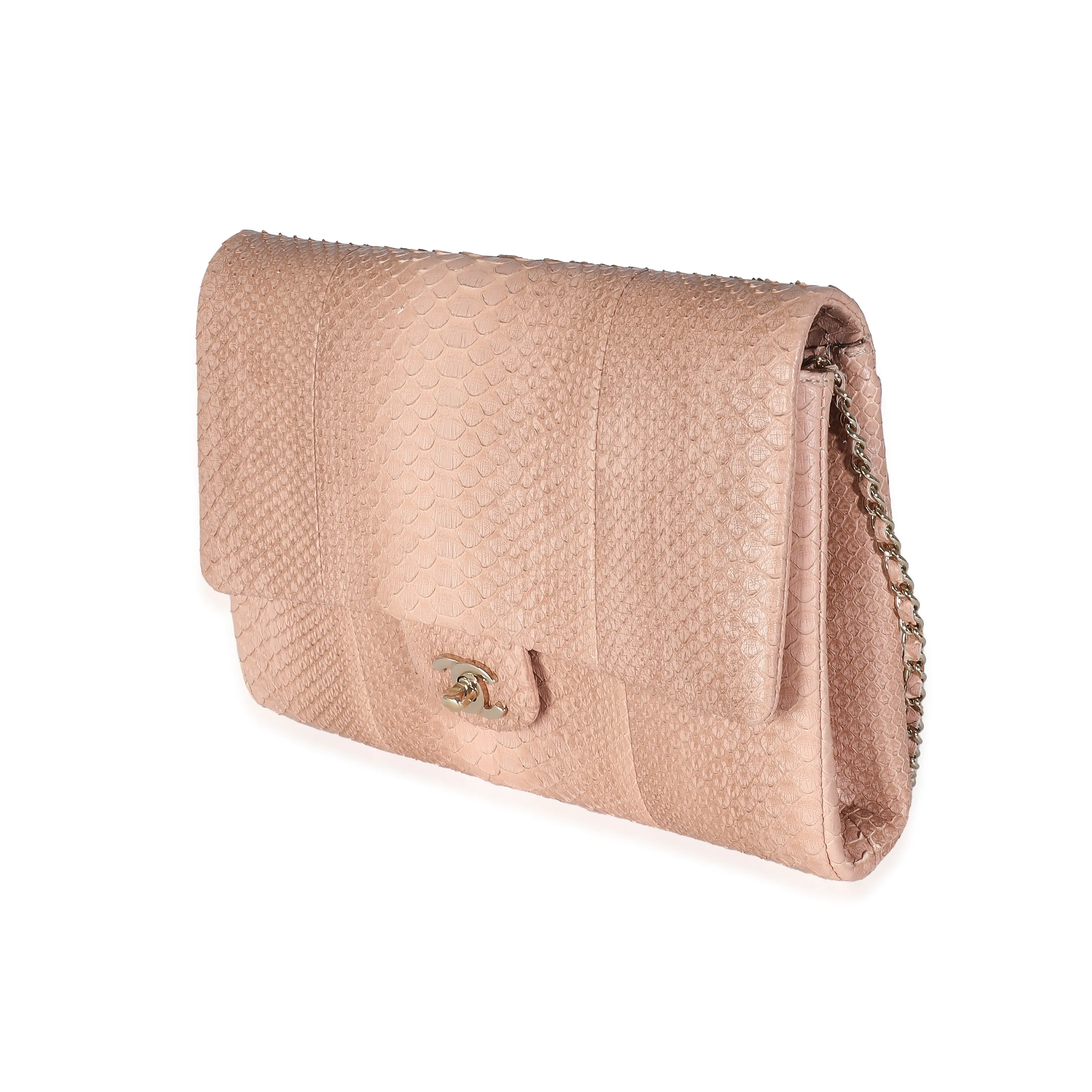 CHANEL Pink Python Classic Flap Clutch With Chain