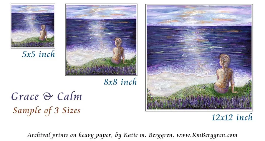 Grace & Calm - Woman Overlooking Purple Sea & White Sand Beach Art Print