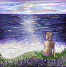 Grace & Calm - Woman Overlooking Purple Sea & White Sand Beach Art Print