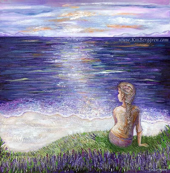 Grace & Calm - Woman Overlooking Purple Sea & White Sand Beach Art Print