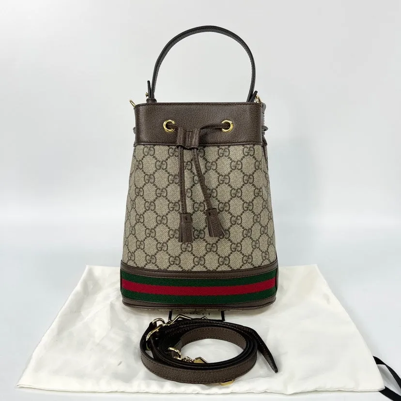 Gucci Ophidia Beige Canvas Brown Leather Bucket Bag 20x25cm