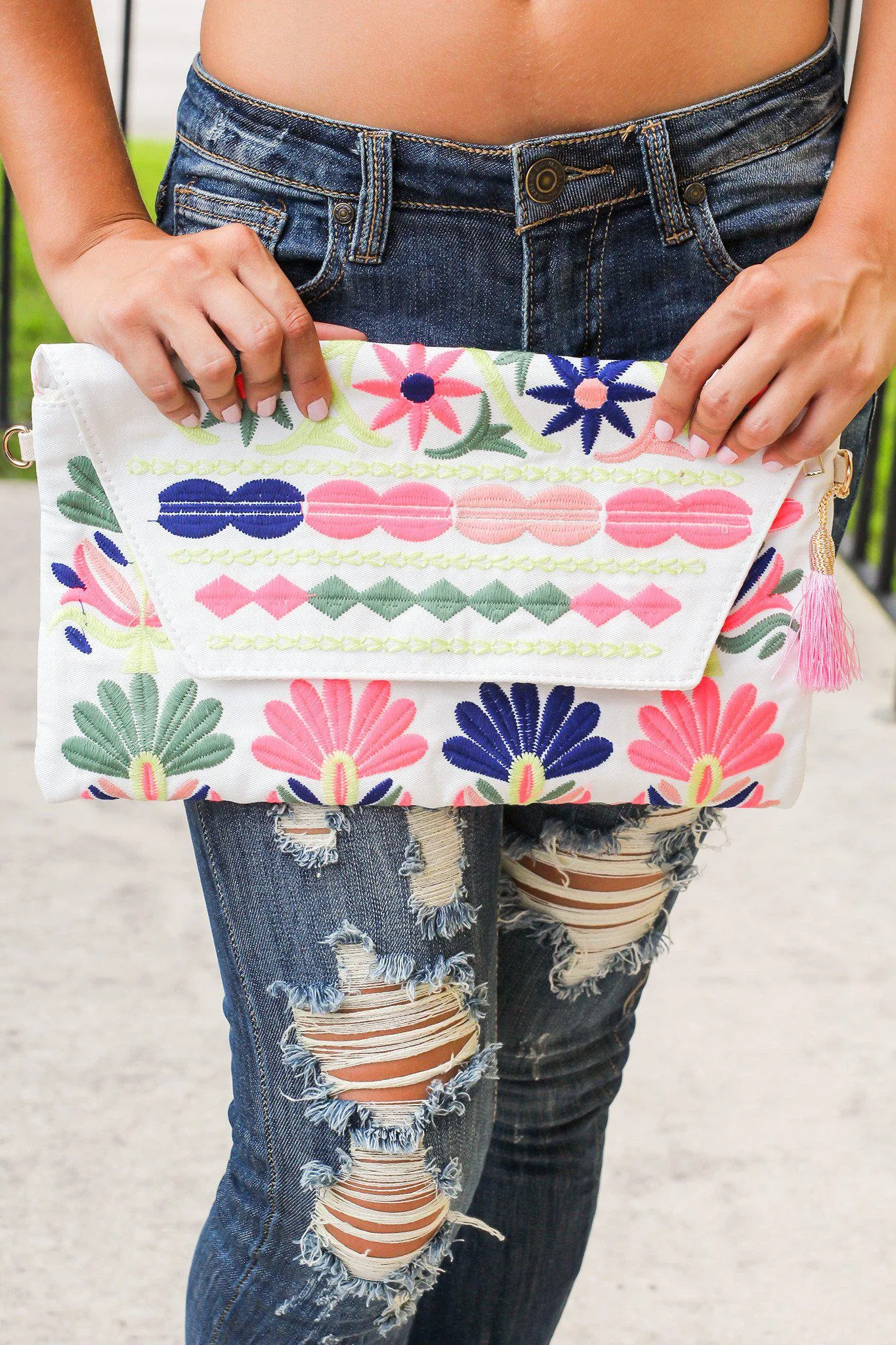 Ivory and Neon Printed Envelope Clutch