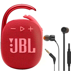 JBL Clip 4 Portable Bluetooth Speaker Red with JBL T110 in Ear Headphones