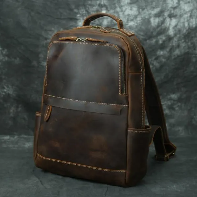 Mens Brown Leather Overnight Travel Backpack Shoulder Bag