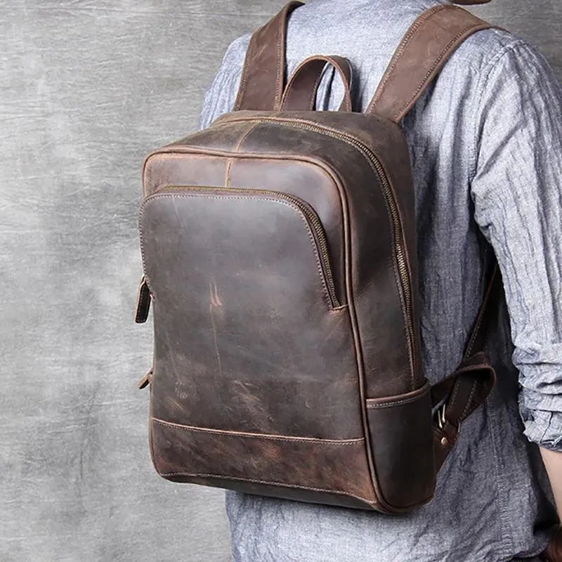 Mens Brown Leather Overnight Travel Backpack Shoulder Bag