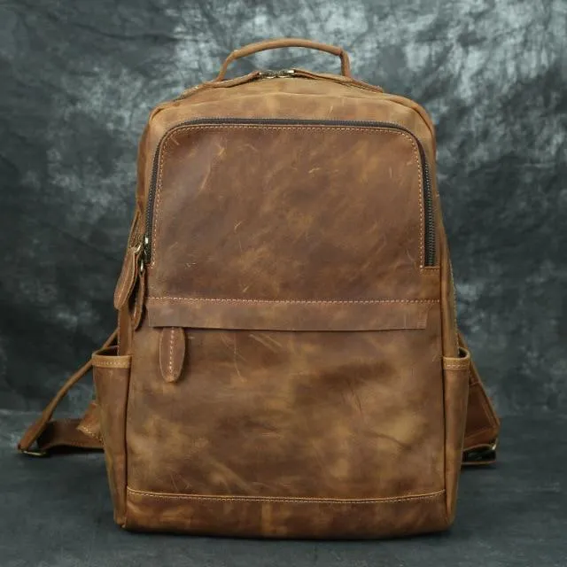 Mens Brown Leather Overnight Travel Backpack Shoulder Bag