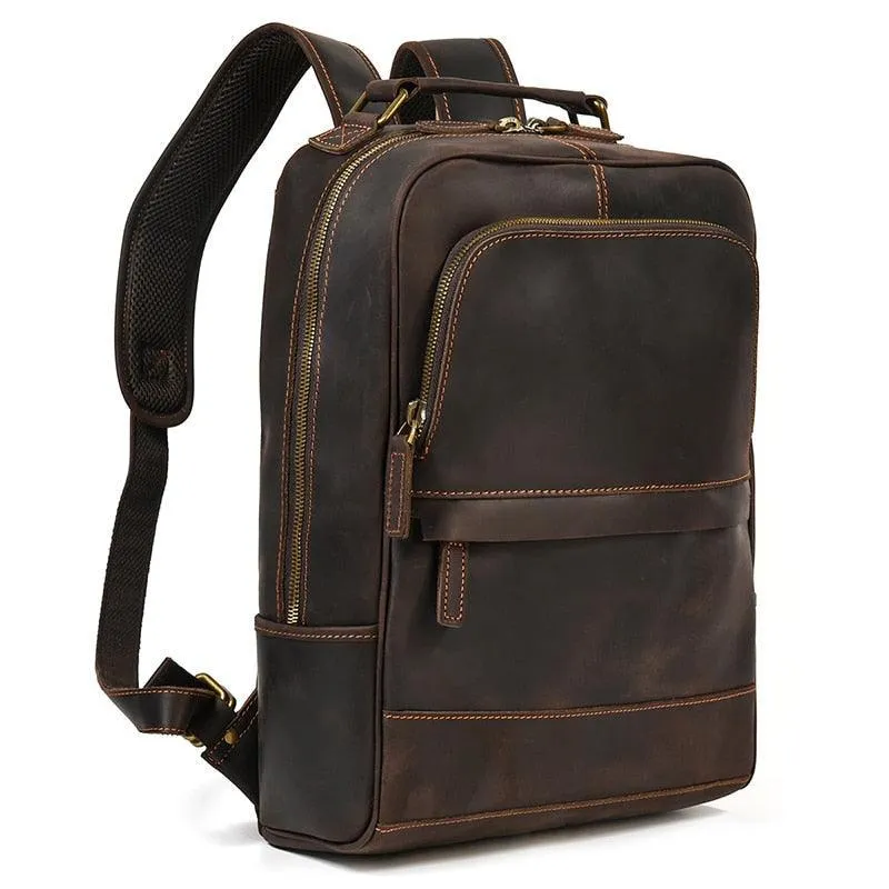 Mens Brown Leather Overnight Travel Backpack Shoulder Bag