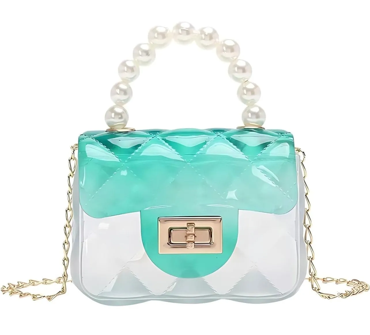 Mini Jelly Purse Flap Clear Handbag with Pearls Top Handle Faux Quilted Crossbody Bag