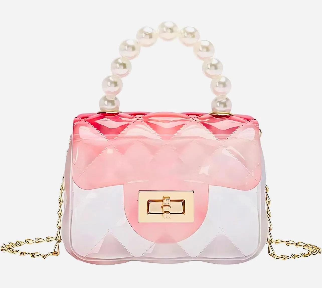 Mini Jelly Purse Flap Clear Handbag with Pearls Top Handle Faux Quilted Crossbody Bag