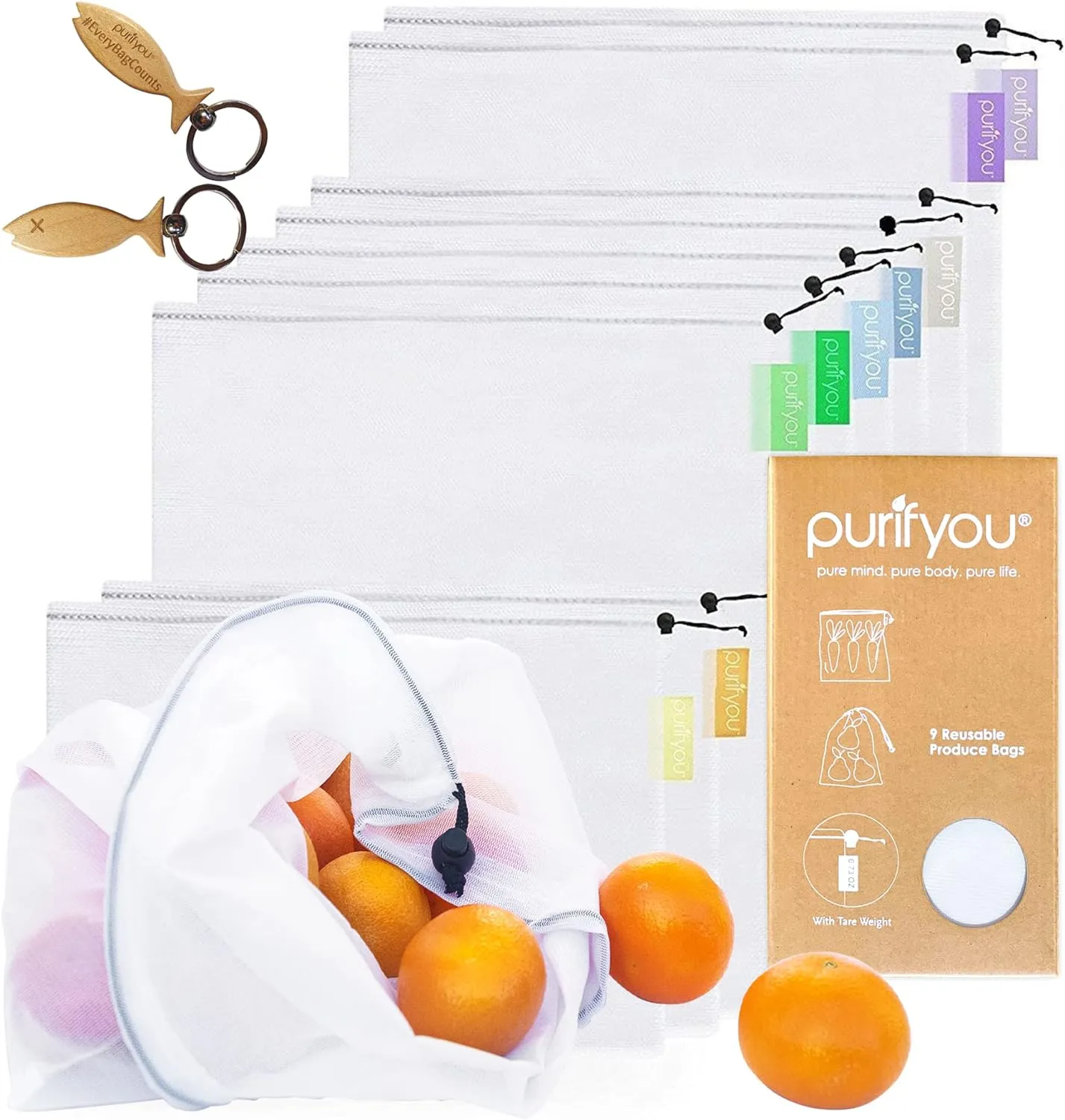 purifyou Reusable Produce Bags - Heavy-Duty & Washable, Includes Tare Weight Tags - Set of 9