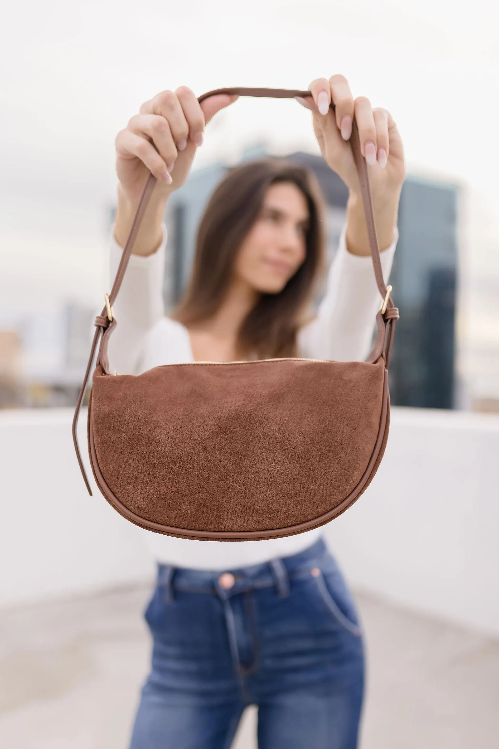 Riley Faux Suede Shoulder Purse Brown