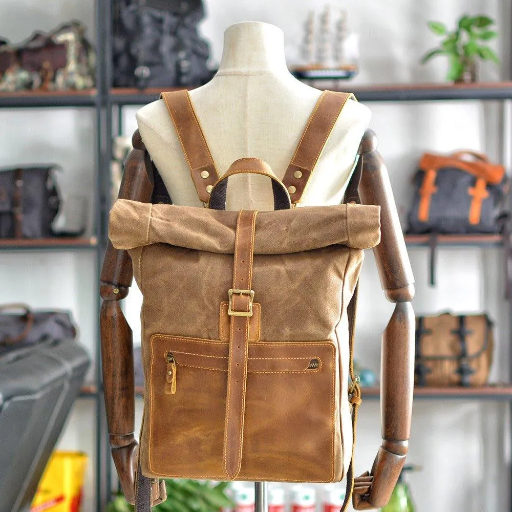 Roll Top Vintage Backpack Canvas with Laptop Sleeve