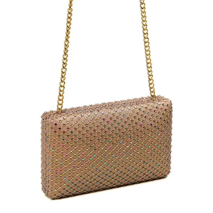 Simitri Linen Fishnet Crystal Clutch in Beige