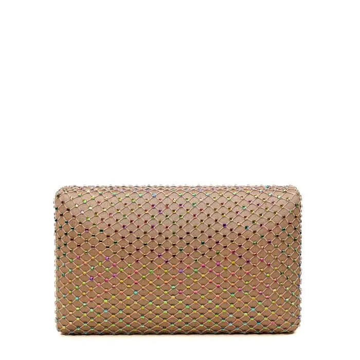 Simitri Linen Fishnet Crystal Clutch in Beige