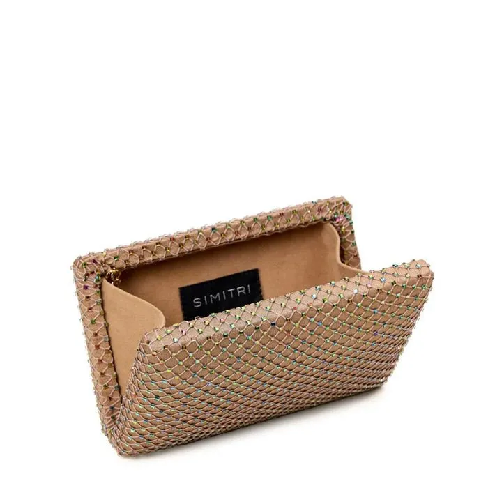 Simitri Linen Fishnet Crystal Clutch in Beige