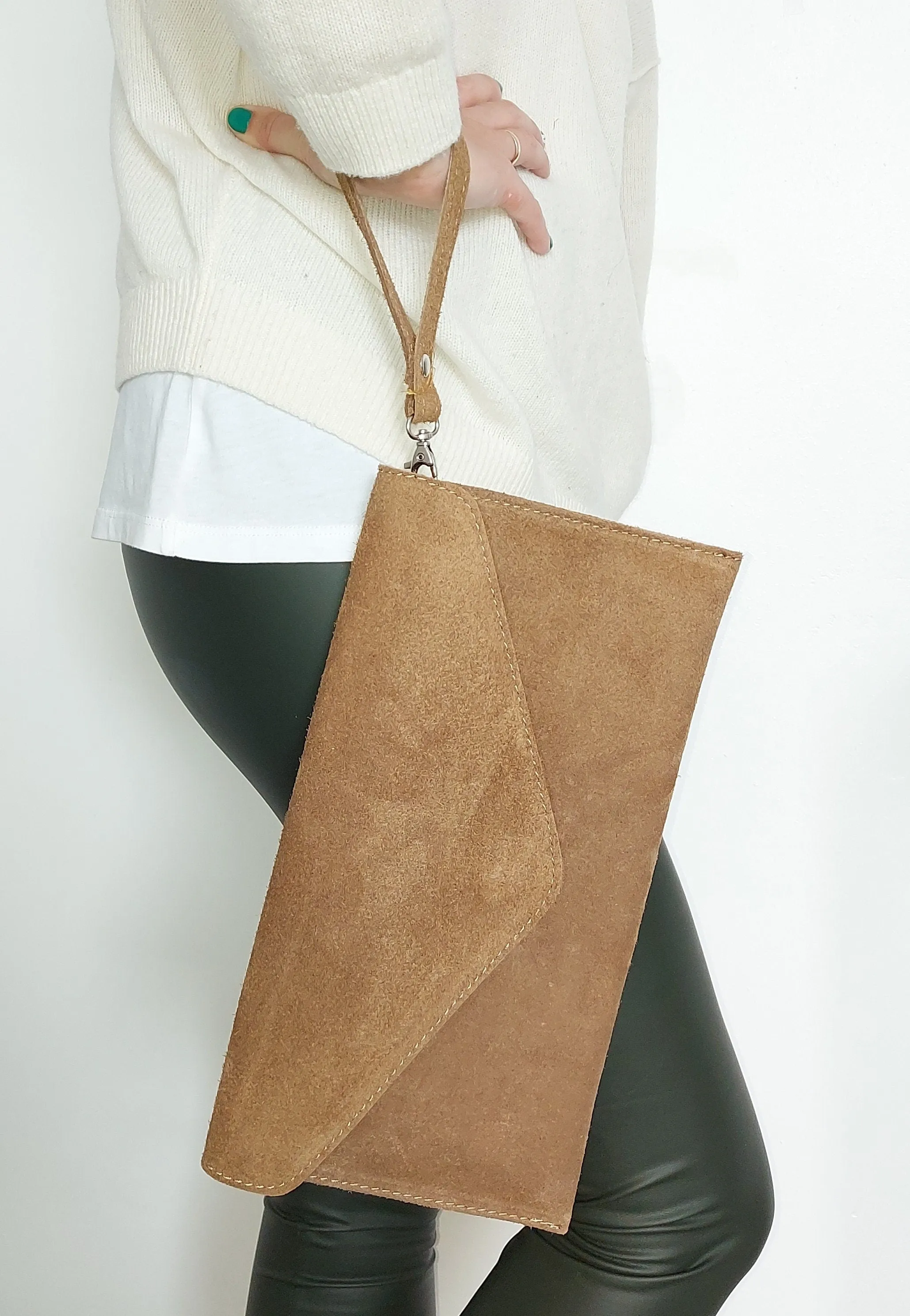 Taupe Suede Envelope Clutch Bag