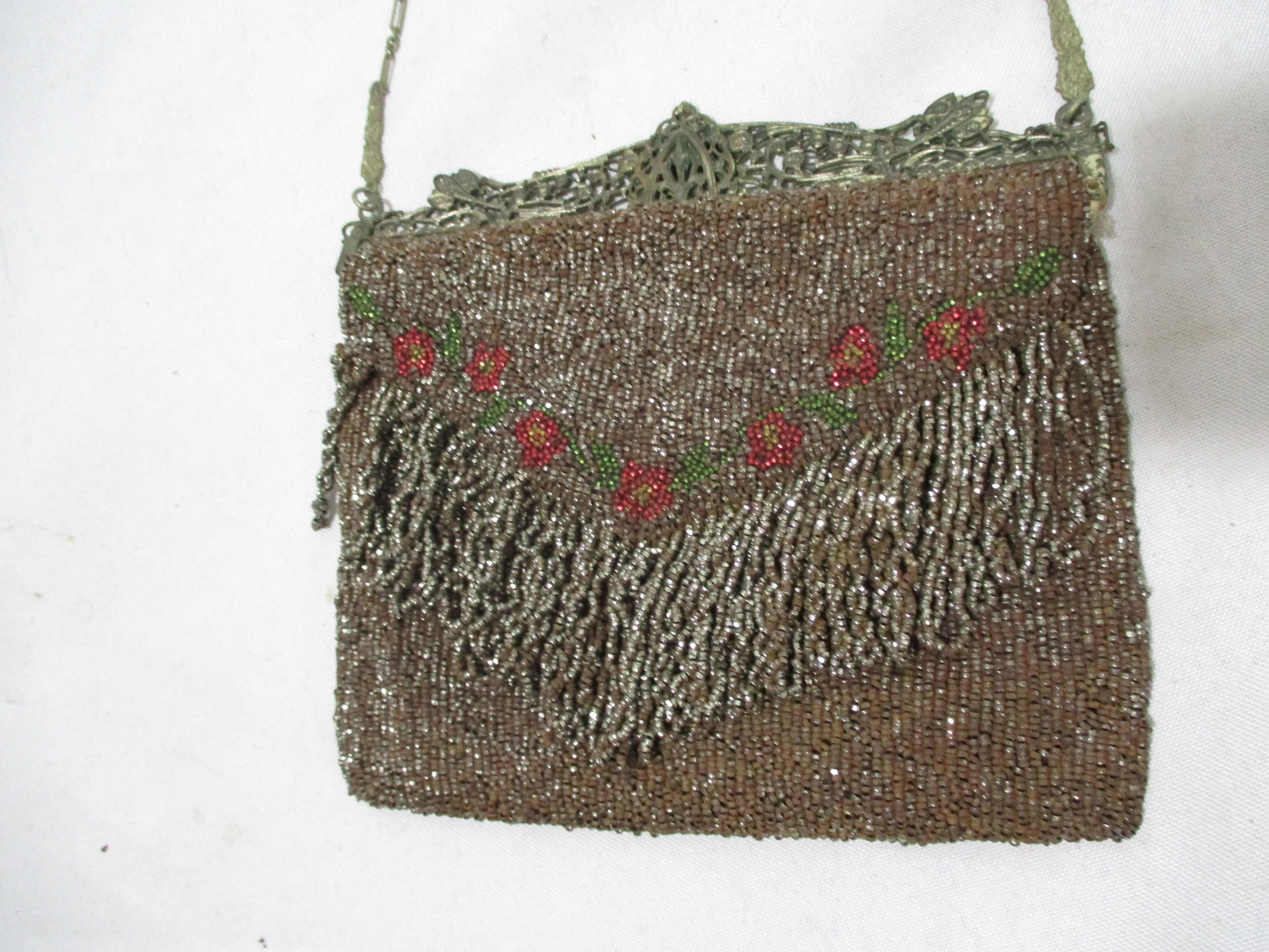 Vintage Antique Metal BEAD FRINGE Evening Bag Clutch Purse SILVER