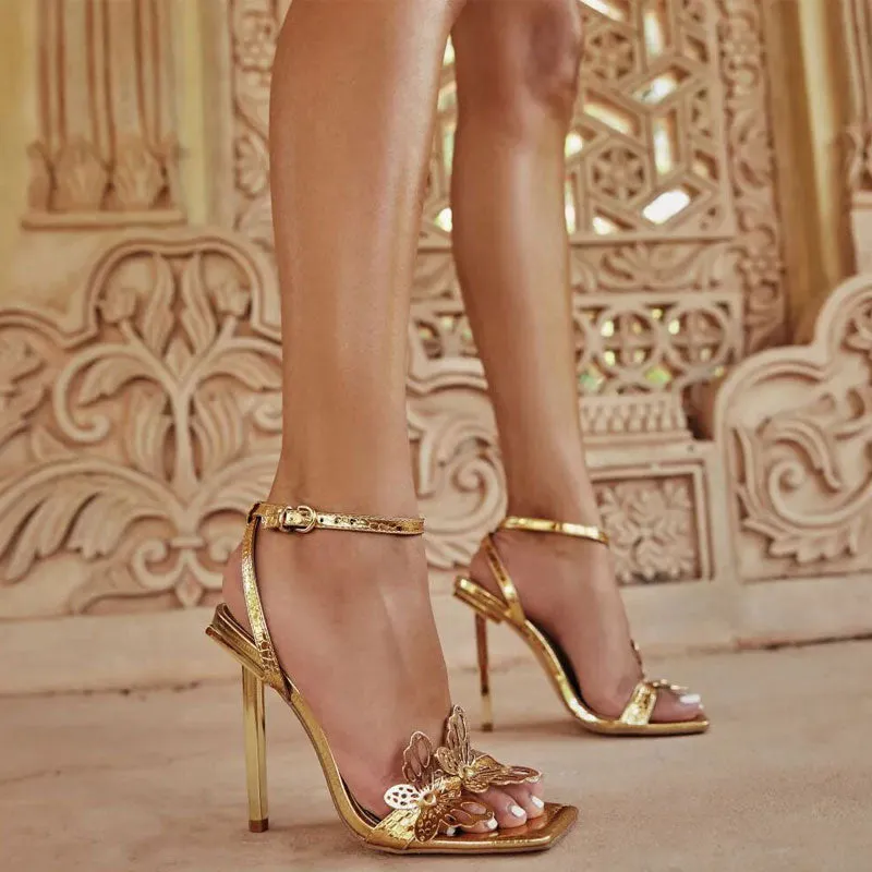 Vivid Butterfly Detail Square Toe Ankle Strap Stiletto Sandals - Gold