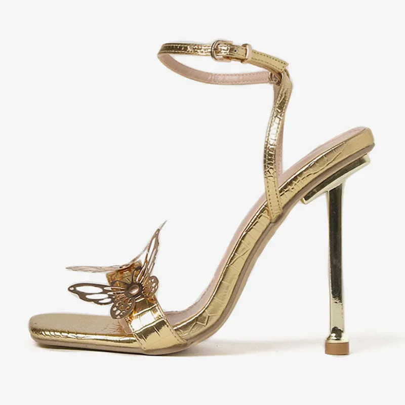 Vivid Butterfly Detail Square Toe Ankle Strap Stiletto Sandals - Gold