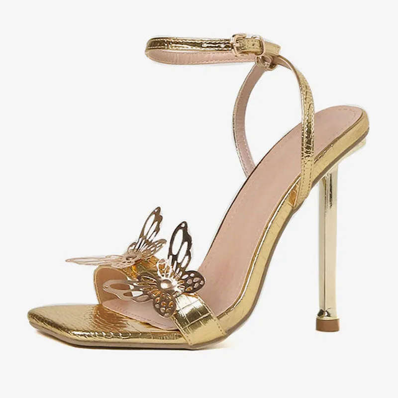 Vivid Butterfly Detail Square Toe Ankle Strap Stiletto Sandals - Gold