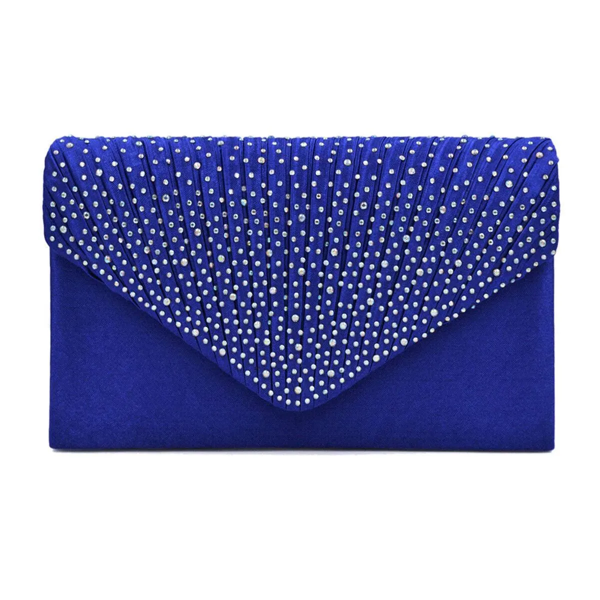 Women's Blue Clutch Bag with Ruched Design and Rhinestone Embellishments