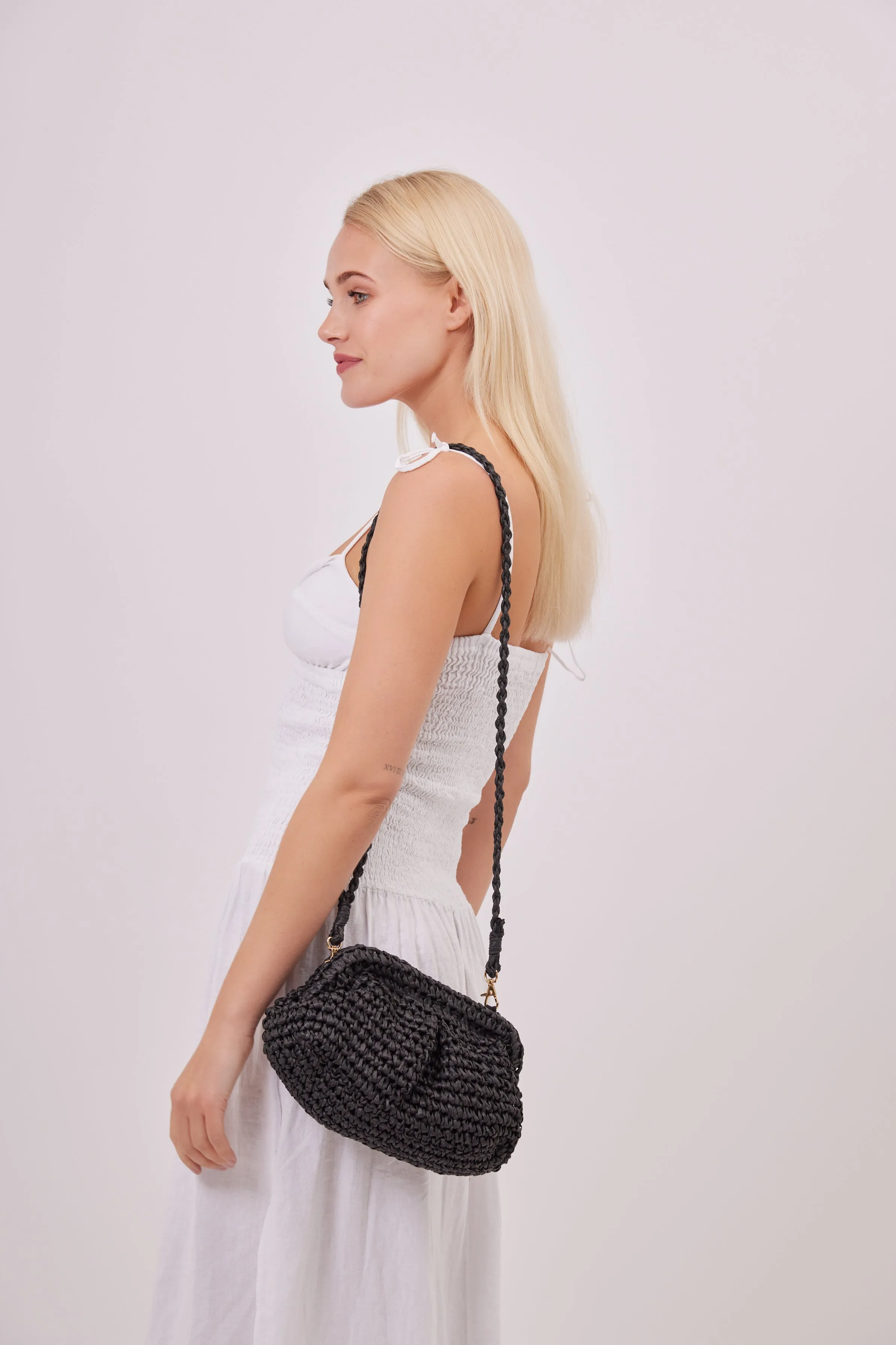 Woven Clutch and Crossbody Bag in Black